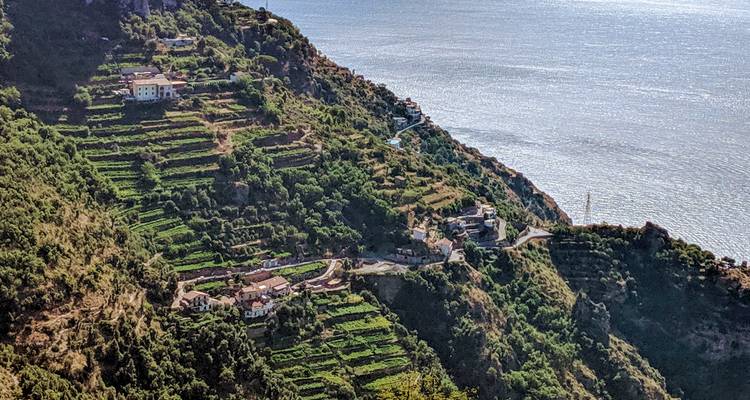 Les flancs de collines en terrasses verdoyantes descendant vers la Côte d'Amalfi scintillante.