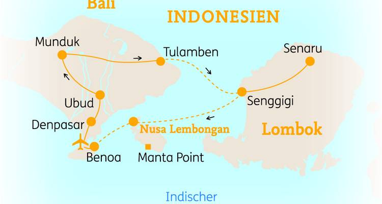 Reisekarte mit einer Route über Bali und Lombok einschließlich Ubud, Munduk und Senggigi.