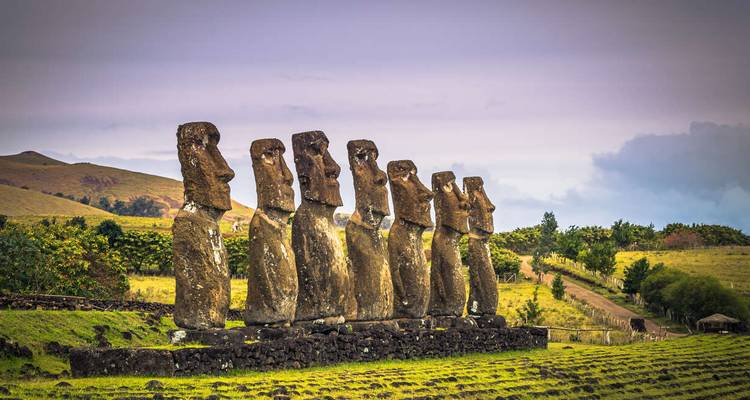 Rij van Moai-beelden op een locatie op Paaseiland.