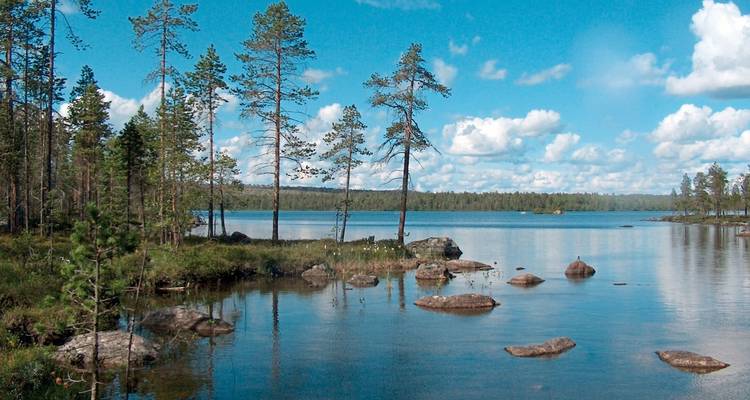 A serene lake surrounded by pine trees and rocks.
