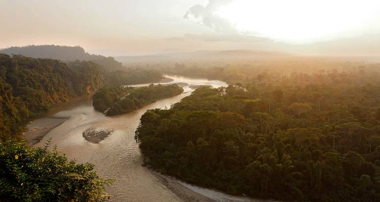 Ein breiter Fluss, der sich durch dichten Wald unter einer untergehenden Sonne schlängelt.