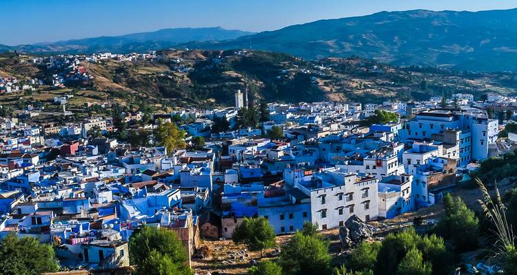 Panoramisch uitzicht op de hellingen van Chefchaouen met zijn blauwe en witte gebouwen omgeven door ruw terrein.