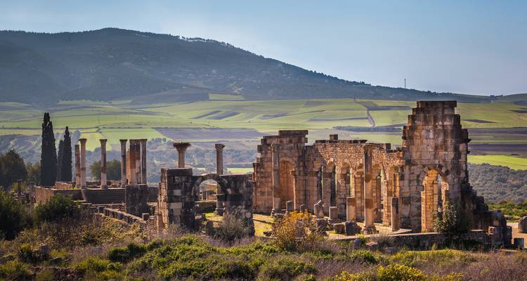 Antike römische Ruinen mit Säulen und Bögen in einer grünen Landschaft.