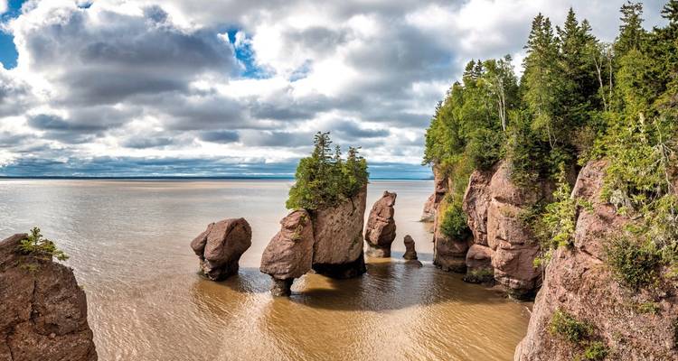 Formations rocheuses dressées dans l'océan au parc Hopewell Rocks.