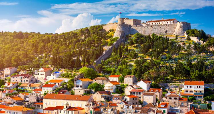 Hilltop fortress overlooking a town with red-roofed houses.