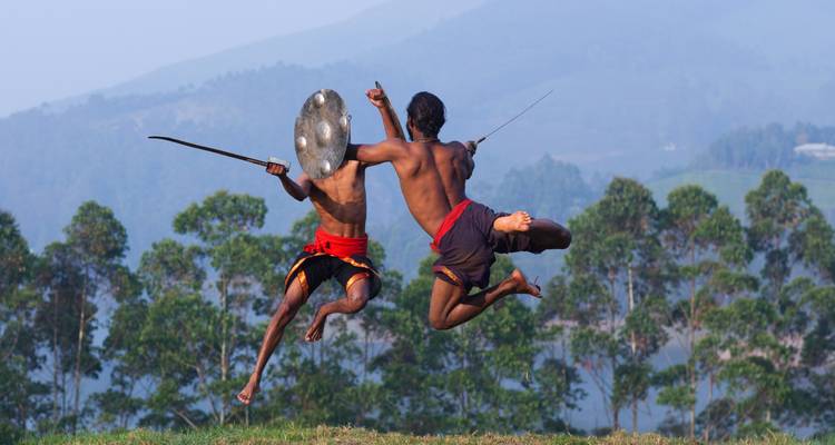 Zwei Darsteller in der Luft bei einer traditionellen Kampfkunst-Vorführung.