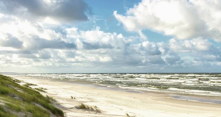 Zandstrand met beukkende golven en bewolkte lucht.