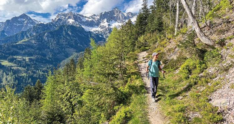 Excursionista caminando por un sendero con montañas nevadas de fondo.