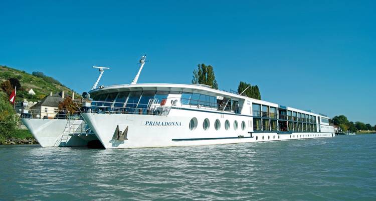 Kreuzfahrtschiff am Fluss angelegt bei klarem blauen Himmel.