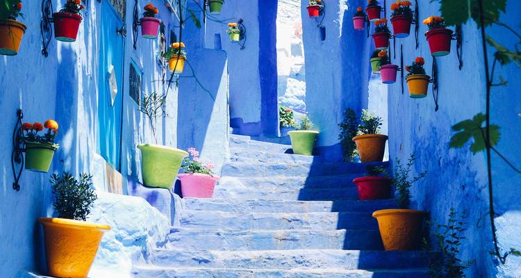 Bunte, schmale Treppe, geschmückt mit Blumentöpfen und Kunsthandwerk.