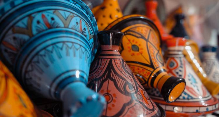 Close-up of colorful Moroccan tagine pots.