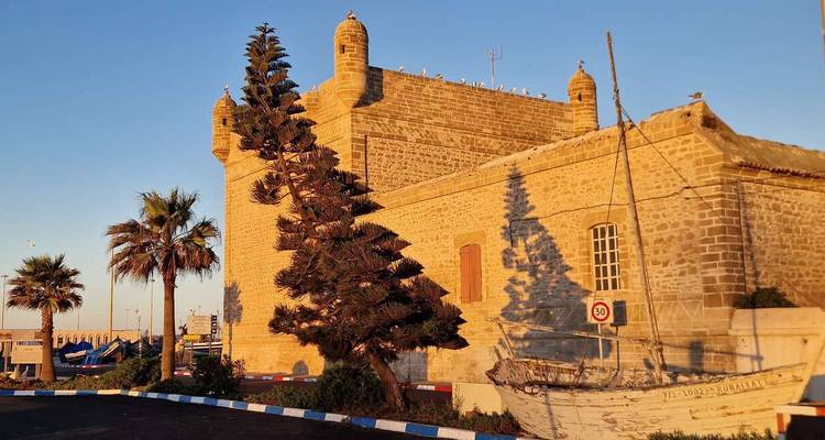 Ancient fortified structure with a unique tree under a warm sky.