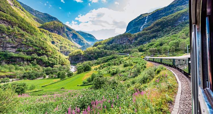 Zug, der entlang üppiger Täler und Berge fährt, mit Wildblumen im Vordergrund.