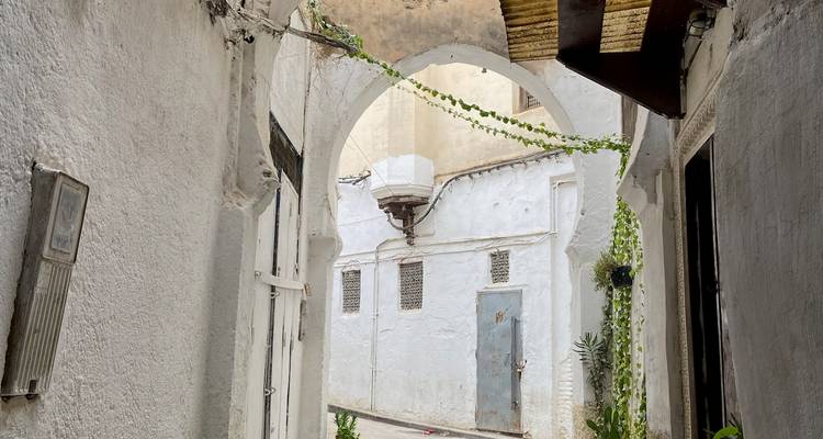 Traditionelle marokkanische Architektur mit weiß getünchten Mauern und Torbögen.