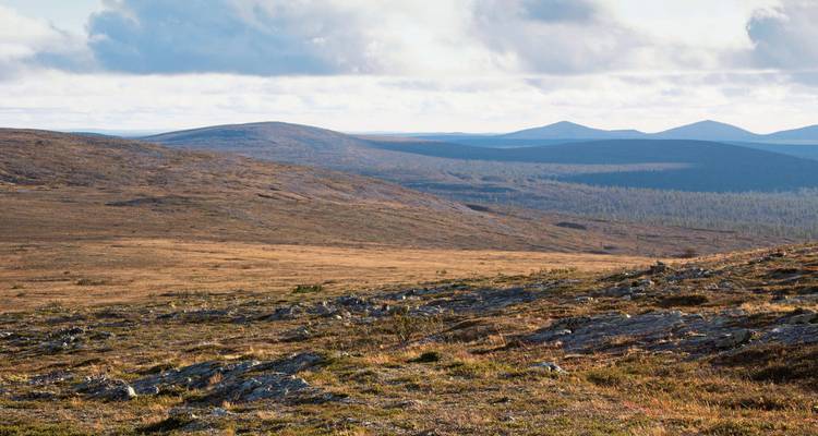 Wide view of a hilly landscape with mountains in the background.