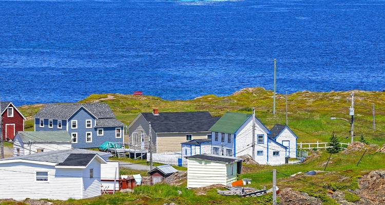 Des maisons côtières colorées dispersées le long d'un rivage herbeux avec un océan bleu vif au-delà.