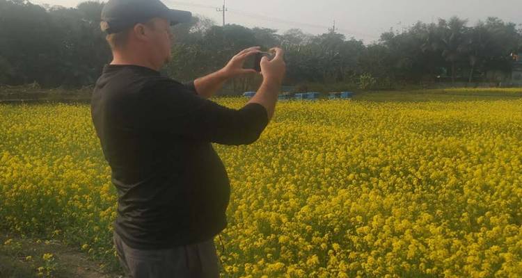 Un turista fotografía un extenso campo de flores amarillas de mostaza en flor.