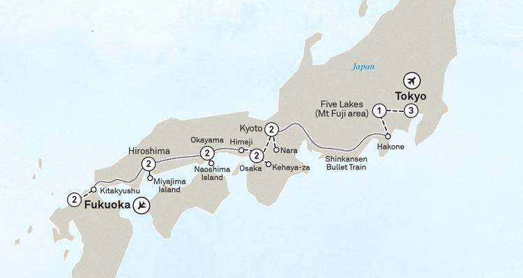 Carte mettant en évidence un itinéraire de voyage à travers les principales villes du Japon, notamment Tokyo, Kyoto, Osaka, Hiroshima et Fukuoka.