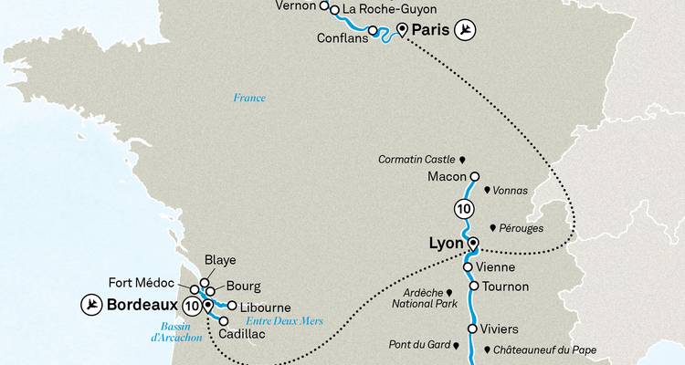 Map showing routes between French cities.