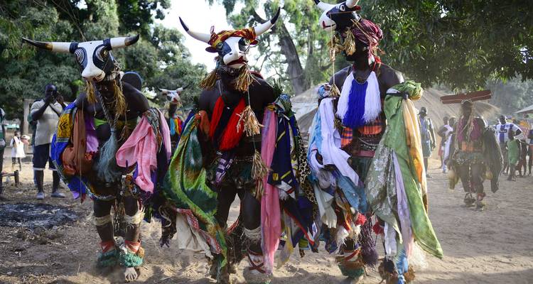 Des artistes en costumes traditionnels colorés et masques.