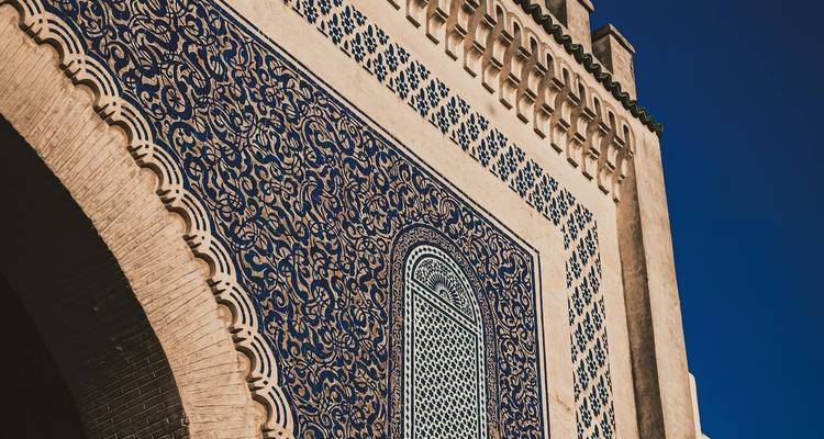 Detailed tiling on a large gate.
In Dutch: Gedetailleerde betegeling op een grote poort.