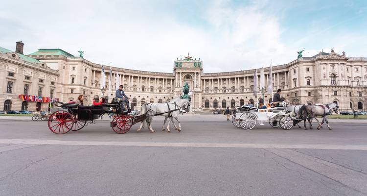 Two horse-drawn carriages in front of a grand building.