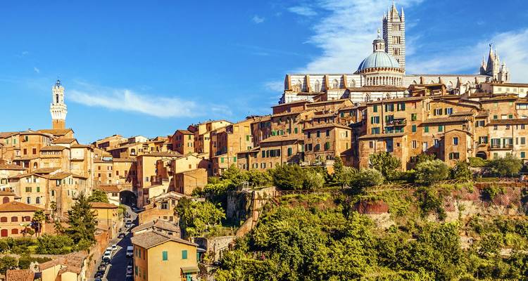 Historische skyline van Siena met de kathedraal die uittorent boven terracotta huizen en smalle steegjes.