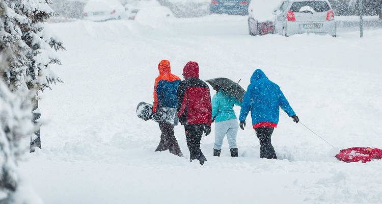 Cuatro personas vestidas con colores vivos caminan por la nieve fresca y profunda en una calle de la ciudad durante una nevada intensa.