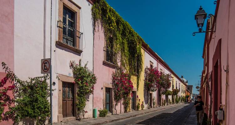 Bunte Straße gesäumt mit blühenden Ranken.