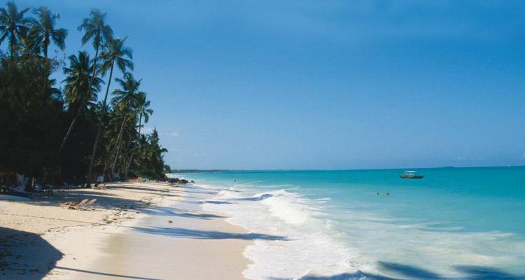 Largo tramo de playa de arena blanca bordeada de palmeras con olas de agua turquesa suave que rompen en la orilla bajo un cielo despejado.