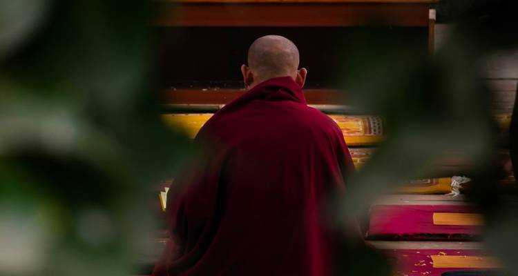 Rücken eines betenden Mönchs in meditativer Umgebung.