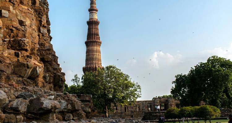 Qutub Minar umgeben von historischen Ruinen und Bäumen.