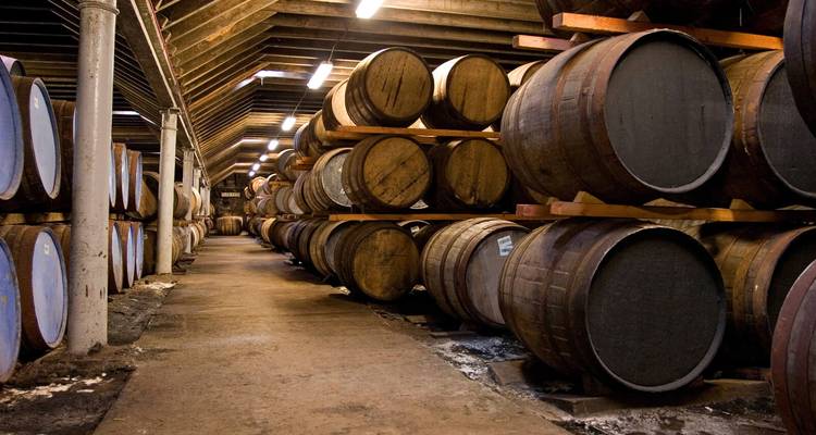 Whisky-Fässer, die in einem Lagerhaus gelagert werden.