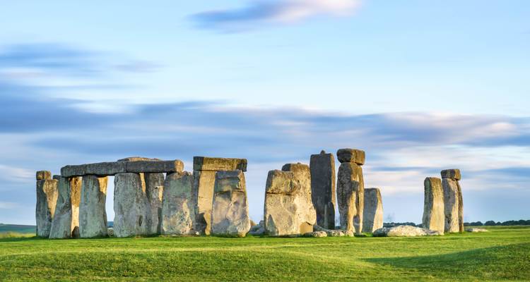 Stonehenge with clear skies and green grass