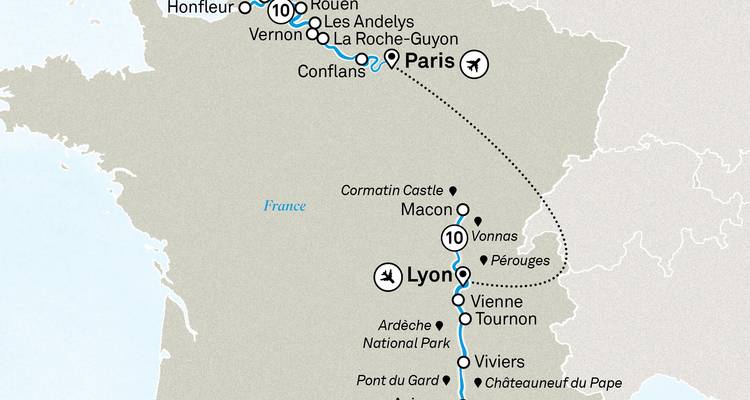 Map showing routes in France.