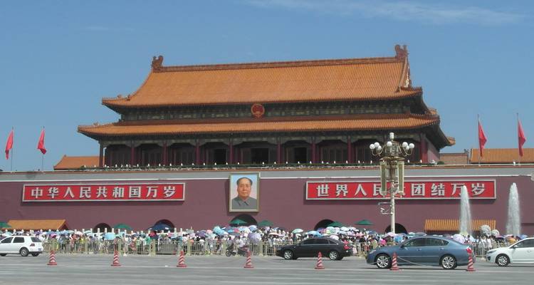 Tiananmen Square with Mao's portrait in Beijing, China.