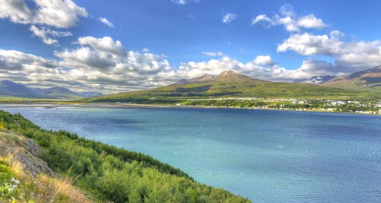 Aguas de fiordo turquesas enmarcadas por colinas de pinos ondulantes y un pueblo distante bajo un cielo de nubes abundantes cerca de Akureyri.