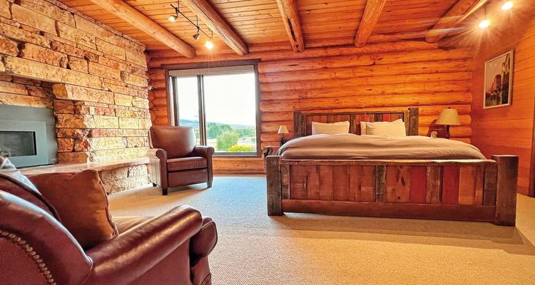 Bedroom with log walls and a large window view.