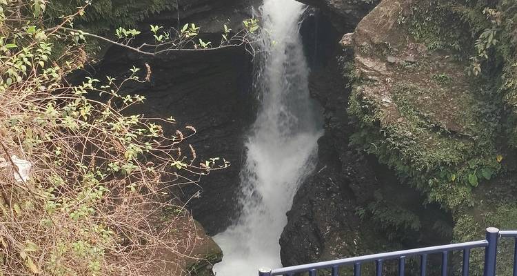 Wasserfall, der in einen felsigen Bereich stürzt, umgeben von Vegetation.