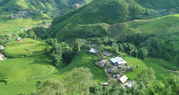Lush green terraces between hills and small village.