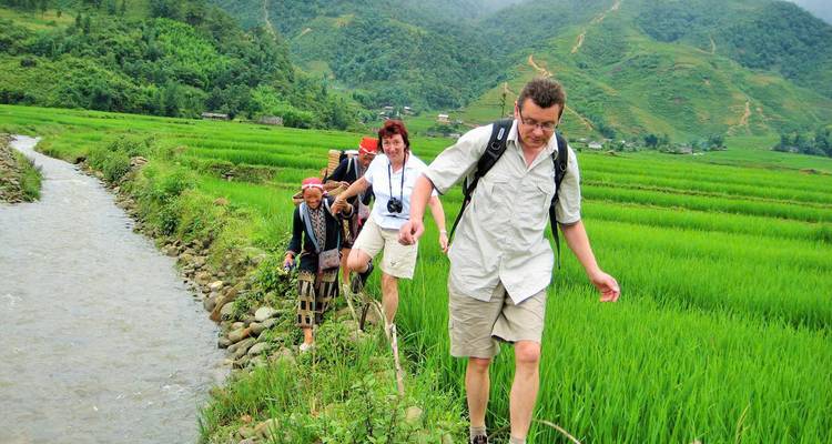 Tourists walking along rice paddies in a lush landscape.