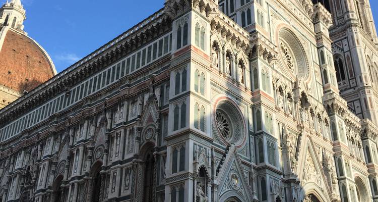 A close-up of a cathedral with intricate designs.