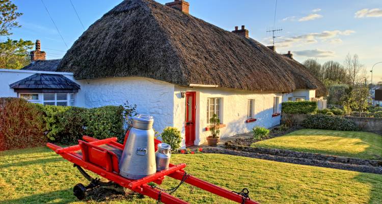 Traditional thatched-roof cottage in a rural setting.