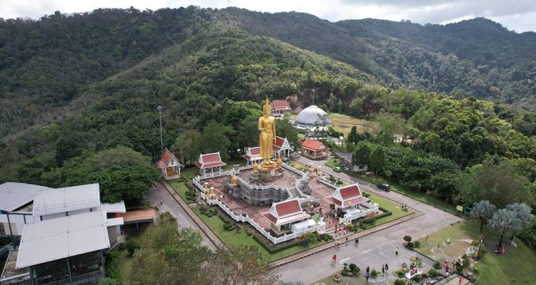 Drone view of a large standing Buddha statue overlooking forest-covered hills and temples.