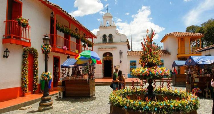 Charming and colorful market square with traditional shops.
