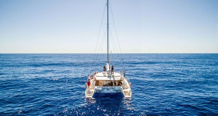 Catamarán en el mar con personas a bordo.