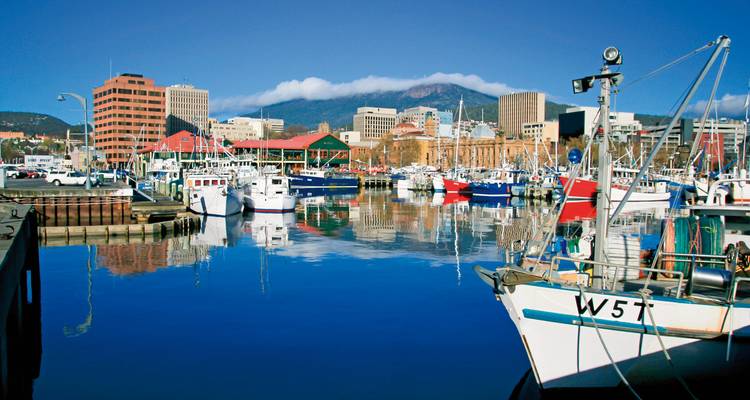 Busy harbor with boats and city skyline with mountain backdrop.