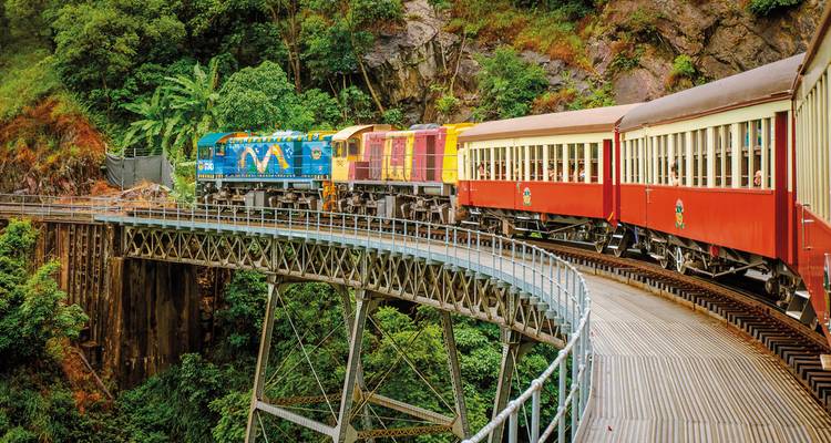 Colorful train traveling across a historic bridge in a lush jungle setting.