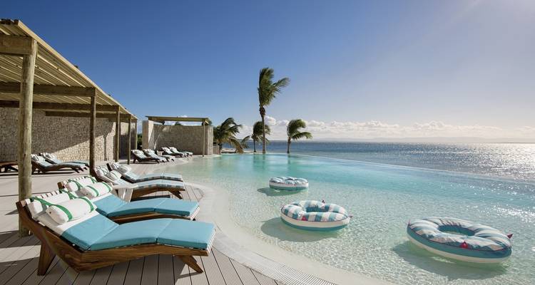 Piscine à débordement donnant sur l'océan avec des palmiers.