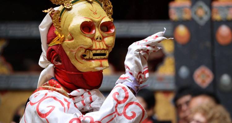 Bailarín enmascarado en un traje colorido de esqueleto óseo actuando en un festival de Bután.